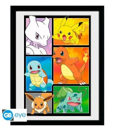 Pokemon - Poster Incorniciato VETRO Mewtwo, Pikachu, Squirtle, Charmander, Eevee, Bulbasaur 30.5x40.6